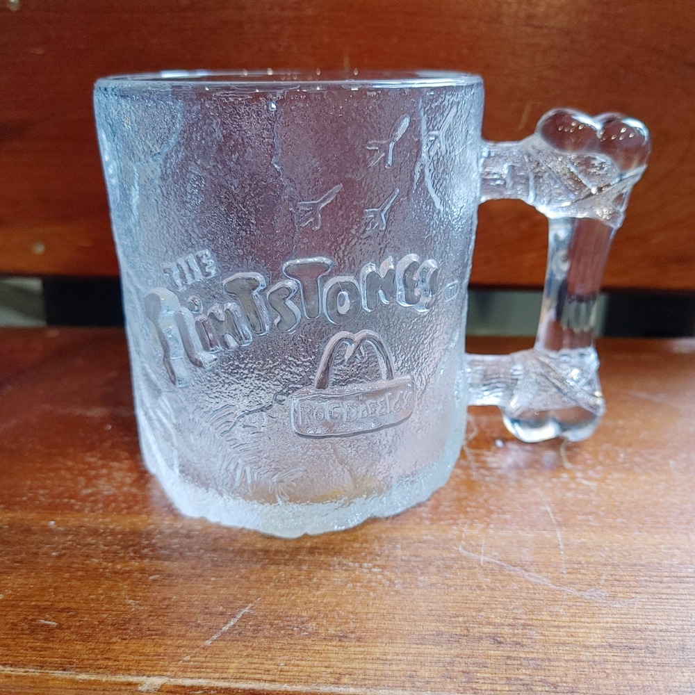 Vintage 1993 McDonalds Flintstones Pre-Dawn Mug Frosted Glass Bone Handle USA